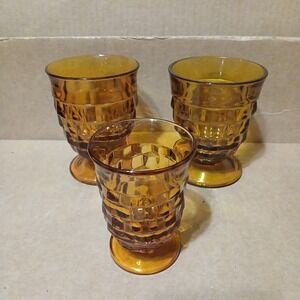 Indiana Glass Whitehall Amber Cubist Footed Glasses Cups Vintage Decor